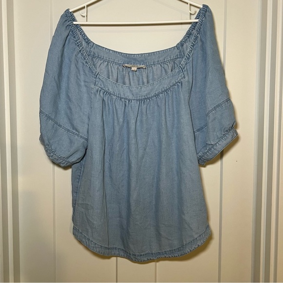 Loft Women's Blue Square Neck Puffed Sleeve Pleated Denim Blouse Size XXL - Picture 1 of 8